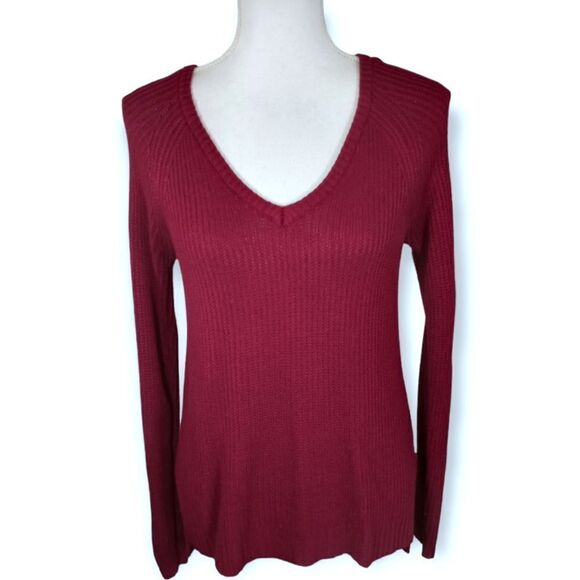 SO BURGUNDY RIBBED V-NECK SWEATER SZ.M EUC - Picture 1 of 6